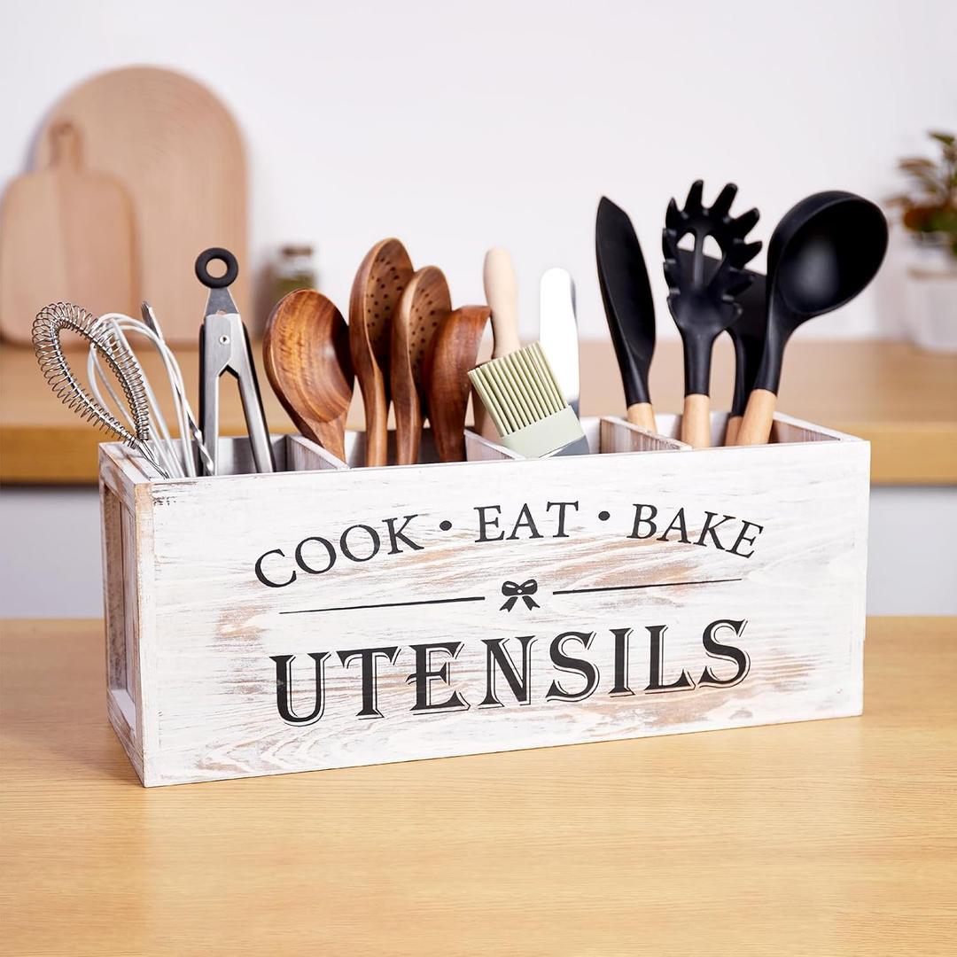 Utensil holder for Kitchen Counter Large Round Utensils Holder with Wooden Base Matte Black Cooking Utensil HolderKitchen countertop Utensil Organize (White-4 Compartments)