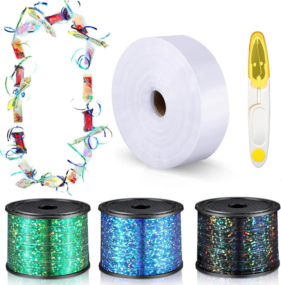 Berlune Candy Lei Making Kit for Graduation Party Favor Include 2 in x 1000 ft Poly Tubing 3 Rolls Curling Gift Ribbon 300 Yd/ 900 ft and Scissor for Hawaii Tropical Wedding DIY(Black, Green, Blue)