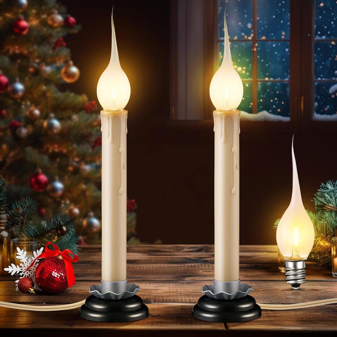 Enhon 2 Pack Electric Window Candle Lights, 7 Inch Christmas Window Candles Plug in with LED Silicone Bulb, 120V C7 0.6W Warm White Country Rustic Candle Light with 5 FT Cord and On/Off Switch