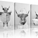 3pcs Framed Funny Black and White Highland Cow Wall Art Humor Animals Bathroom Artwork Prints for Bathroom Living Room Apartment Bedroom Office Hotel Wall Decor Ready To Hang 16x24in