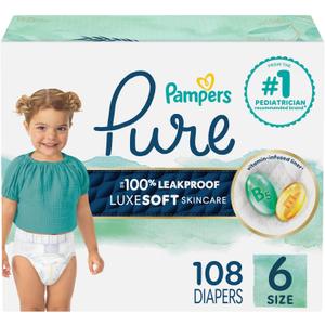 Pampers Pure Protection Baby Diapers, Size 6 (35+ lbs), 108 Count, Up to 100% Leakproof, Premium Plant-based Skin Protection, Hypoallergenic Soft Diapers