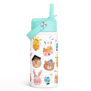 SANDJEST Animal Kids Water Bottle with Straw Lid 12oz Insulated Stainless Steel, Travel Tumbler, Gifts for Girls, Birthday, Christmas, Back to School