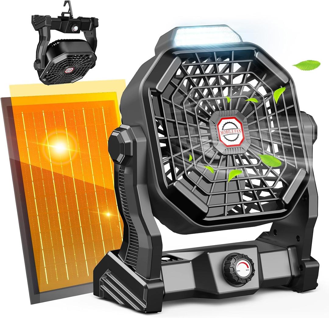 20000mAh Solar Camping Fan, 10W Solar Powered Fans with Solar Panel, Rechargeable Fan & Led Lantern, Battery Operated Powered Outdoor Tent Fans for Camping Summer Essentials (Black)