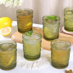 Darlion Vintage Glassware Drinking Glasses Set of 6-10.5 oz Green Glasses Water Tumbler, Embossed Glassware Cups for Juice, Beer, Cocktail, Whiskey, Various Mixed Drinks