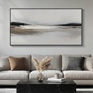 Large Framed Abstract Wall Art for Living Room, Horizontal Black and White Landscape Canvas Prints Paintings Artwork for Walls, Neutral Modern Minimalist Pictures Wall Decor for Bedroom Office 30x60