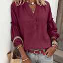 Womens V Neck Button Down Tops Puff Long Sleeve Tunic Blouse Dressy Loose Fit Basic T Shirt Business Casual Work Tops (Medium, Wine)