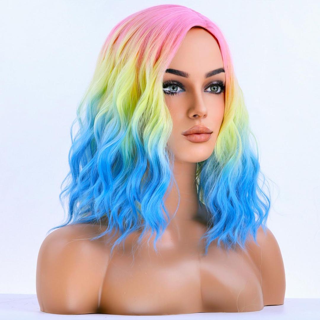 BERON Rainbow Colored Wigs for Women Short Curly Wavy Girls Hair Wigs 14 Inch Ombre Multi Color Synthetic Hair Wig for Daily or Cosplay Use