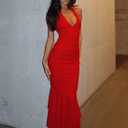 Women's Sexy V Neck Tie Halter Mesh Ruffle Hem Ruched Bodycon Cocktail Party Maxi Dresses (Red, M)