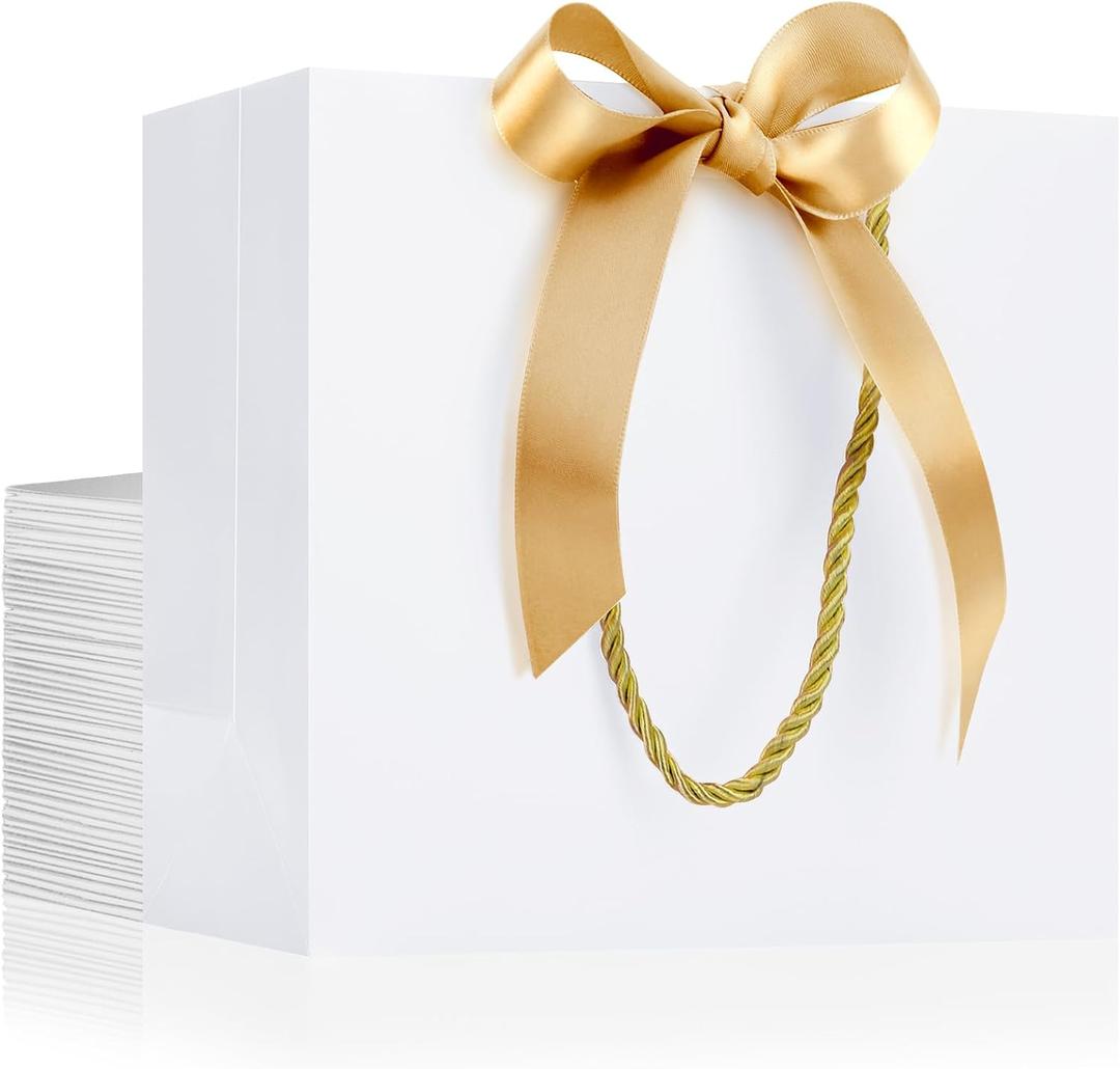 EUSOAR Thank You Gift Bags, 25pcs 8.6"x3.9"x7" White Party Favor Bag with Bow Ribbon, Gift Wrap Treat Bags Bulk for Wedding Birthday Bridesmaid Anniversary Holiday Bridal Party
