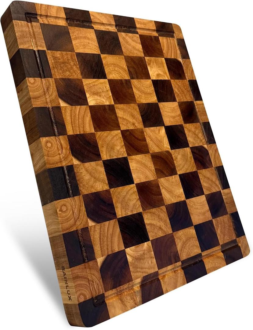 Acacia Wood Cutting Boards for Kitchen, Checkered Chopping Board with Juice Grooves & Handles, Large Butcher Block Serving Tray with NonSlip Feet, 14" 11" 1.5"