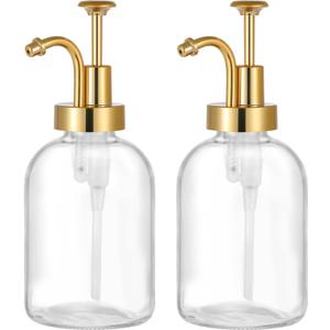 2 Pack Thick Clear Glass Jar Soap Dispenser with Gold Pump, 17oz Clear Boston Round Bottles Dispenser with Rustproof Pump