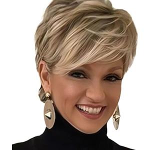 QUEENTAS Pixie Layered Short Blonde Wigs for White Women Black Women Synthetic Hair (Blonde Mixed Brown) QUEENTAS Pixie Layered Short Blonde Wigs for White Women Black Women Synthetic Hair (Blonde Mixed Brown)