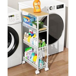 TIPGO Utility Slim Storage Cart, 4 Tier Rolling Cart with Wheels, Narrow Storage Cabinet for Bathroom, Laundry Shelves for Room Organization, Small Organizer for Kitchen, Office and Dorm (White)