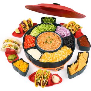 Taco Tuesday Kit, Taco Bar Serving Set for a Party with 3-Temp Control, 33oz Heated Pot, 6 Removable Trays & 4 Taco Holders, Lazy Susan Taco Bar for Burritos, Nachos, and Fajitas, Christmas Gift