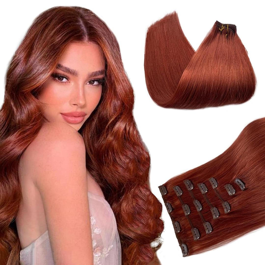 Belaved Clip in Hair Extensions for Women 16 Inch Straight Auburn Clip in Extensions Real Human Hair 7 Pcs 70G Copper Red Auburn #135 Double Weft Natural Ends Remy Hair