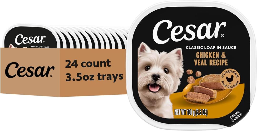 Cesar Classic Loaf in Sauce Adult Wet Dog Food Chicken and Veal Recipe, 3.5 oz. Easy Peel Trays, 24 Count (Pack of 1) (EXP 02/15/28)