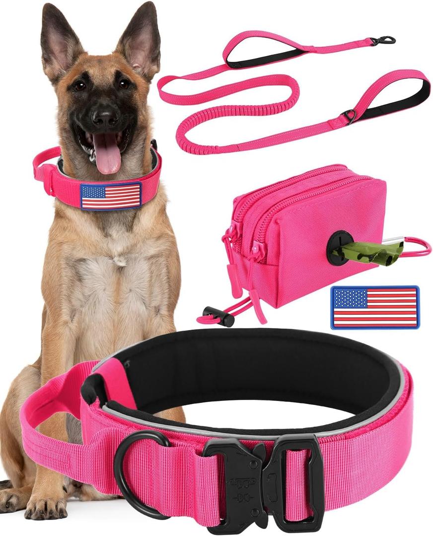 Dog Collar and Leash Set, 6-8 FT Bungee Dog Leash, Heavy Duty 2 in Wide Collar for Large Dogs, with A Dog Poop Bag Holder for Leashes (M: Width 1.7", Length 15.5"-18.5")