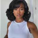 Quantum Love Black Curly Bob Wig with Bangs Yaki Wavy Short Shoulder Length Layered Wigs for Black Women Side Part Gluless Synthetic Wear And Go Wigs for Daily and Party Use(Black 14inch)