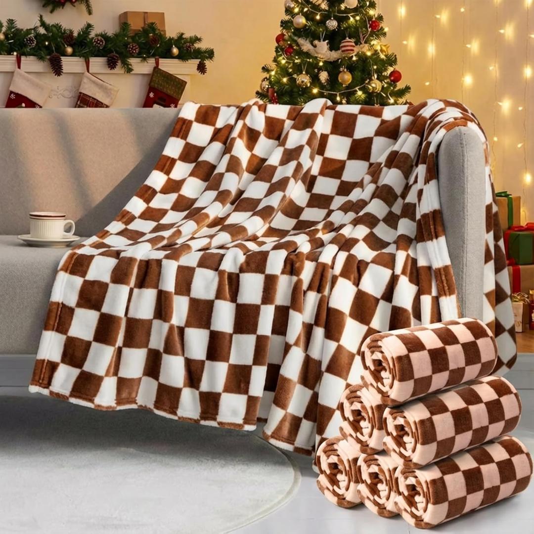 Preboun 6 Pack Fleece Throw Blankets, Buffalo Plaid Lightweight Throws for Sofa, Travel, Office & Bulk Use(50 x 60 Inch,Khaki and White)
