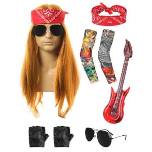 80s Rocker Costume Wig Men Hippie Wig with Bandana Sunglasses Sleeves for 80s Punk Party Accessories (Auburn)