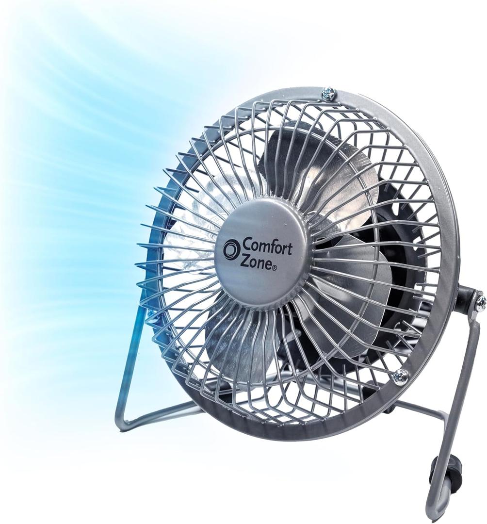 Comfort Zone Mini USB Desk Fan with 360-Degree Adjustable Tilt, Dual Powered (USB or Power Cord, Included), All-Metal Construction, 4 inch Quiet Bedside Table Fan, Silver