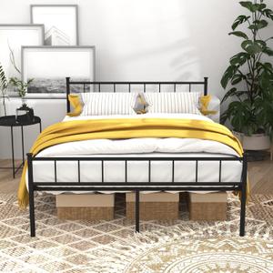 Queen Metal Platform Bed Frame, Victorian Vintage Style, Wrought Iron Headboard, Steel Slats, No Box Spring Needed (Black, Full)