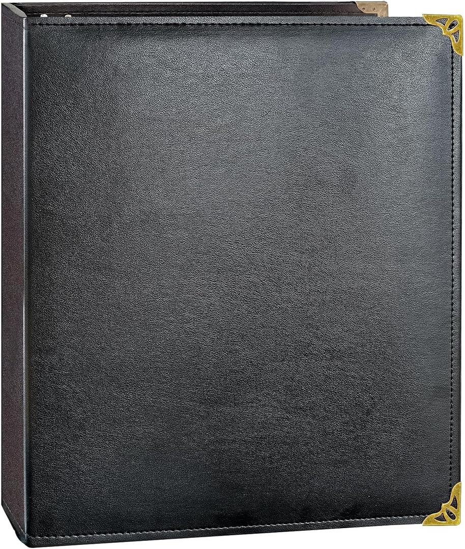 Vintage Leather 3 Ring Binder, 1 Inch D Ring, Holds 8.5" x 11" Paper Letter Size, Brass Corner Protectors, Faux Leather Cover, Professional Office & School Binder (1 Pack, Black, 1 Inch)