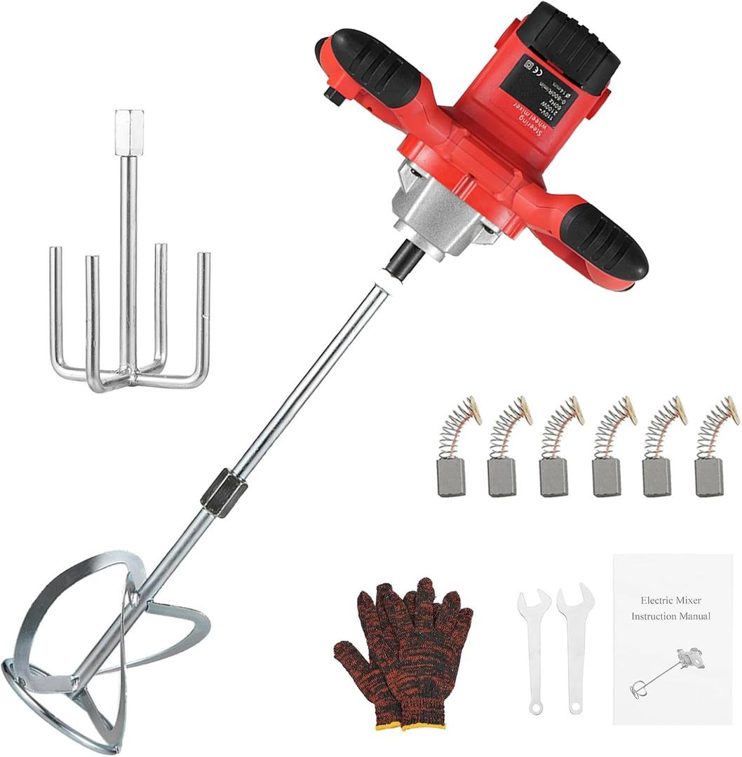 Handheld Cement Mixer, 110V Electric Concrete Mixer with 6 Speed Adjustable, 2100W Mud Mixer + 2 Mixing Paddles for Mixing Mud, Cement, Mortar, Paint, Fodder
