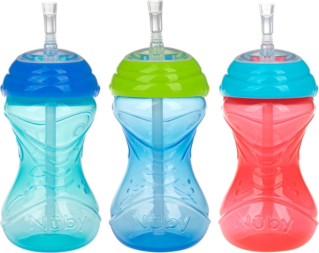 Nuby 3 Piece No-Spill Easy Grip Cup with Flex Straw, Clik It Lock Feature, Boy, 10 Ounce (Red, Blue & Green)