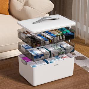 JOYBOS 3-Tier Medicine Storage Box Cabinet, Empty First Aid Kit Portable Medical Supply Organizer with Leather Handle for Home 3-Tier Medicine Storage Box