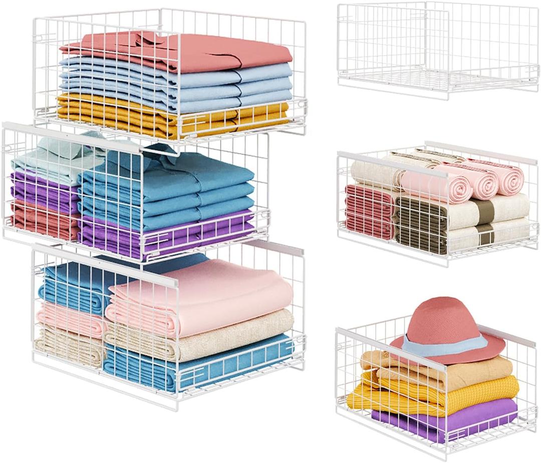 JKsmart 3-Tier Stackable Closet Organizers and Drawer Storage Shelves - Sliding Storage Bins for Jeans, Pants, and Sweaters - Wardrobe Cupboard Organizer in White