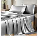 CozyLux Satin Sheets Queen Size Bed Set - 4 Piece Silky Queen Sheet Set, Luxury Light Grey Queen Sheets with Smooth and Soft Microfiber, Includes 1 Fitted Sheet, 1 Flat Sheet and 2 Pillowcases