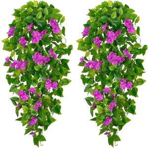 BLEUM CADE Artificial Hanging Flowers for Outdoors, 2pcs Fake Hanging Plants Pothos Vines with Purple Flowers for Wall Home Living Room Indoor Outdoor Decor (No Baskets)