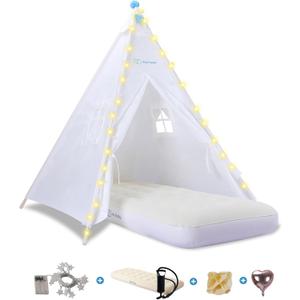 Teepee Tent for Kids with Inflatable Airbed, String Lights, Balloons, Pump, Washable Slumber Party Tent Indoor Outdoor for Girls Boys, Children Tipi Playhouse for Playtime and Sleepover (1 Pack, White)