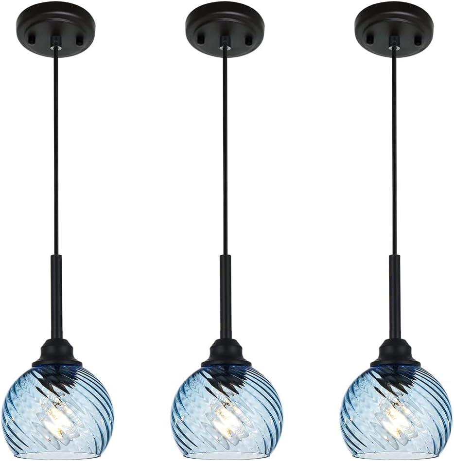 3 Pack Dining Room Light Fixture with Blue Striped Swirl Globe Glass, Stylish Kitchen Island Hanging Pendant Light Black for Bar Hallway Bedroom, 1-Light