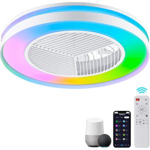 Smart Low Profle Ceiling Fans with RGB Lights Remote/APP/Voice Control, 20" Bladeless Ceiling Fans with 6 Speeds, Timer, Quiet DC Motor, Ceiling Fan with Light for Kids Bedroom/Living Room