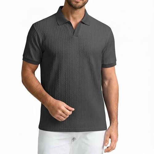 SAMERM Mens Knit Polo Shirts Short Sleeve Textured Casual Polo Shirt Fashion Stylish Lightweight Breathable T Shirt for Men Gray, XL