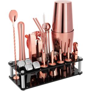 Cocktail Shaker Set, 23-Piece Boston Stainless Steel Bartender Kit with Acrylic Stand & Cocktail Recipes Booklet, Professional Bar Tools for Drink Mixing, Home, Bar, Party - Gold Rose