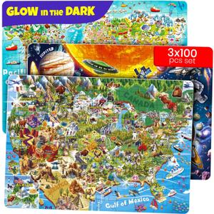 QUOKKA 100 Puzzles for Kids Ages 4-6 – Glow-in-the-Dark USA Map World Map and Solar System – Educational Floor Puzzles for Kids Ages 6-8 – Geography Learning Toys for 5-8 Year Olds