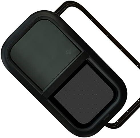 Aucuda RV Window 12x22 With Trim Kit for Camper Replacement in Winter, Vertical Sliding With Screen for Cargo Trailer 1-3/4" Wall, Teardrop Door With Tint Shade Glass, DOT Certificated