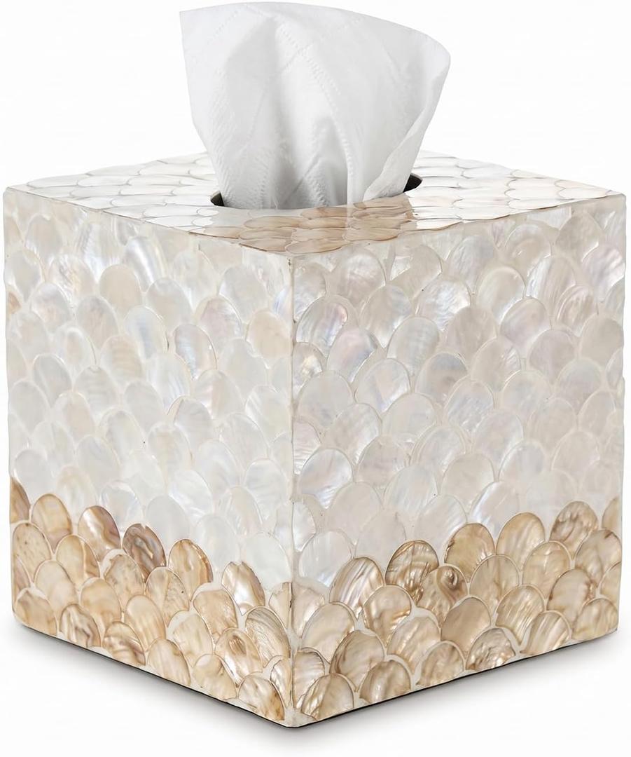 Coeusy Square Tissue Box Cover, Handmade Boho Decoraive Tissue Holder with Capiz Shells, Elegant Tissues Cube Box Cover for Bathroom Decor Accessories,Vanity,Night Stand,Office(White and Gold)