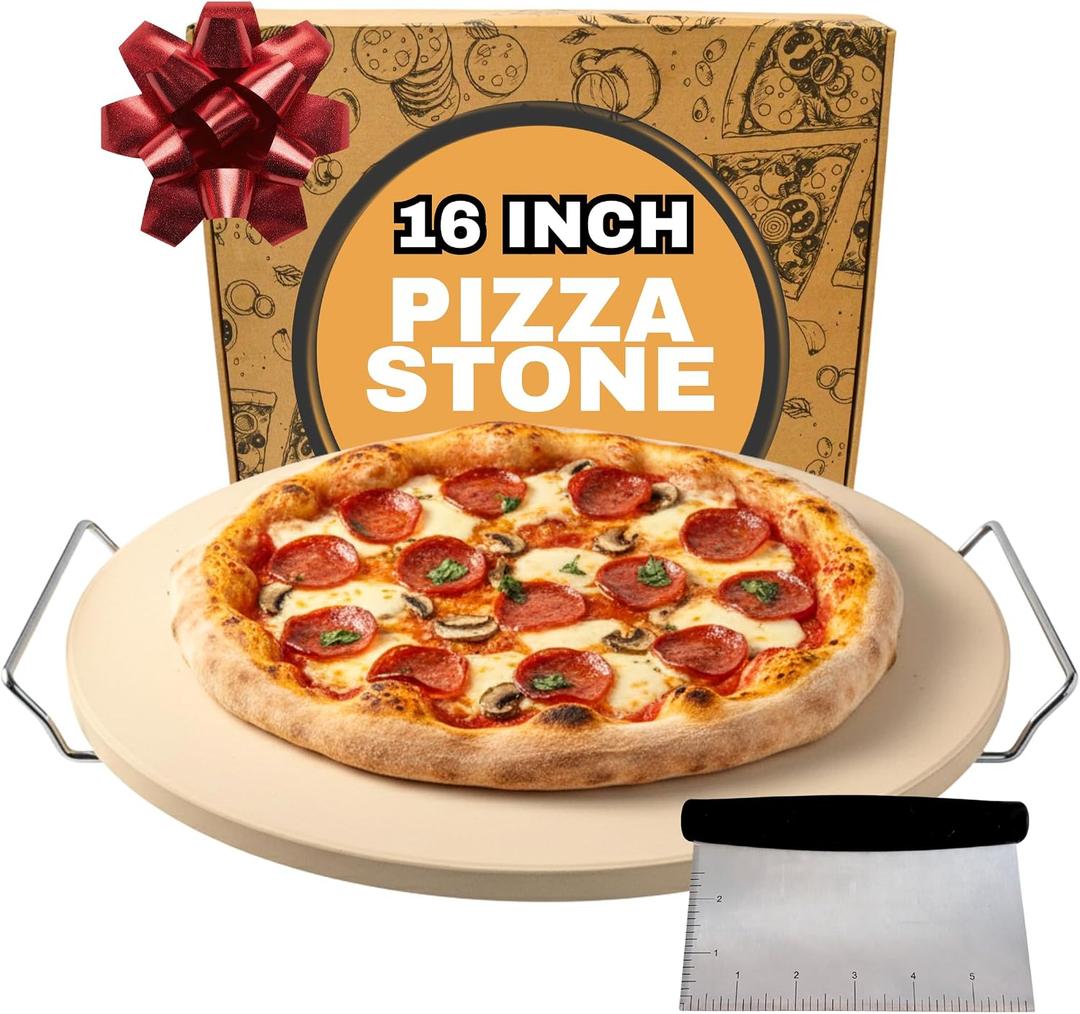 16 inch Baking Stone For Oven - Round Pizza Stone with Handles and Dough Tool - Baking Stone for Bread - Pizza Stones for Oven and Grill - Cooking Gifts for Food Lovers
