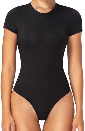 Sunzel Bodysuits for Women with Tummy Control- Crew Neck Short Sleeve Thong Body Suits Sexy Compression T shirts Tops, Size L