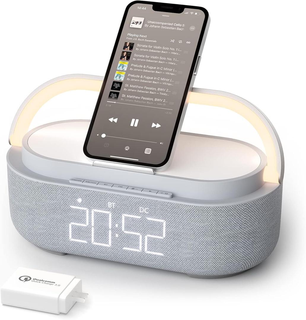 COLSUR Bluetooth Speaker Alarm Clock with Wireless Charger, FM Radio, Adjustable LED Night Light, 6 in 1 Bedroom Portable Speaker 2500mAh, Phone Stand for Bedside, Home, Office, Gift (Gray)