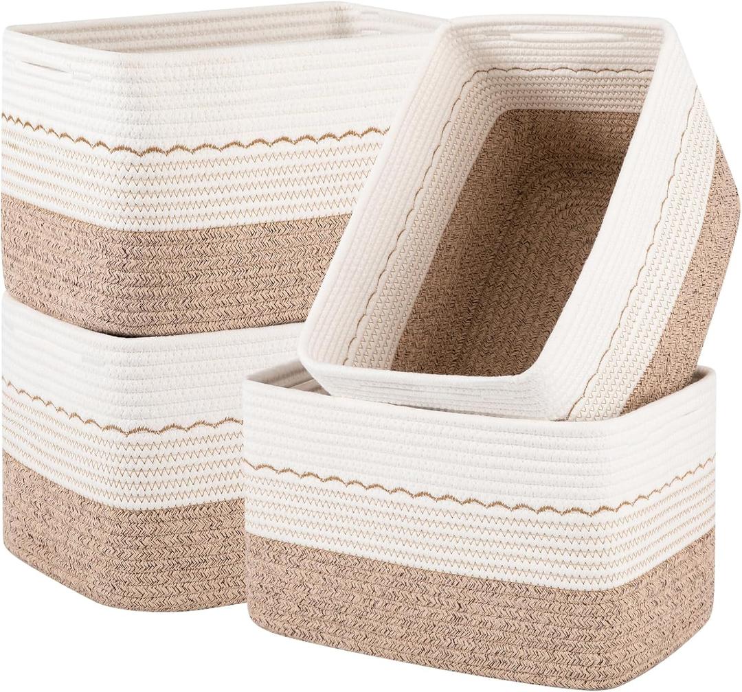 4 Pack Storage Baskets for Organizing, 13"X9"X7.87", Decorative Cotton Rope Baskets for Shelves, Small Woven Basket for Toys, Books and Towels, Brown & White