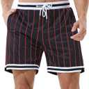 HEALONG Mens Retro Basketball Shorts: 5-7 Inch Heavyweight Double Layer Mesh Deep Pockets 90s Vintage Athletic Gym Workout (Large, Red Stripes)