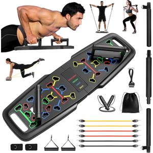 KUYOU Portable Home Gym Workout Equipment, Push Up Board, Pilates Bar & Fitness Accessories with Resistance Bands for Upper Body Strength Training Full Body Workout at Home