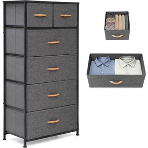 Fabric Dresser for Bedroom, Tall Skinny Dresser with 6 Drawers, Storage Organizer Tower, Steel Frame Wooden Top for Closet, Living Room, Hallway, Nursery(Grey)