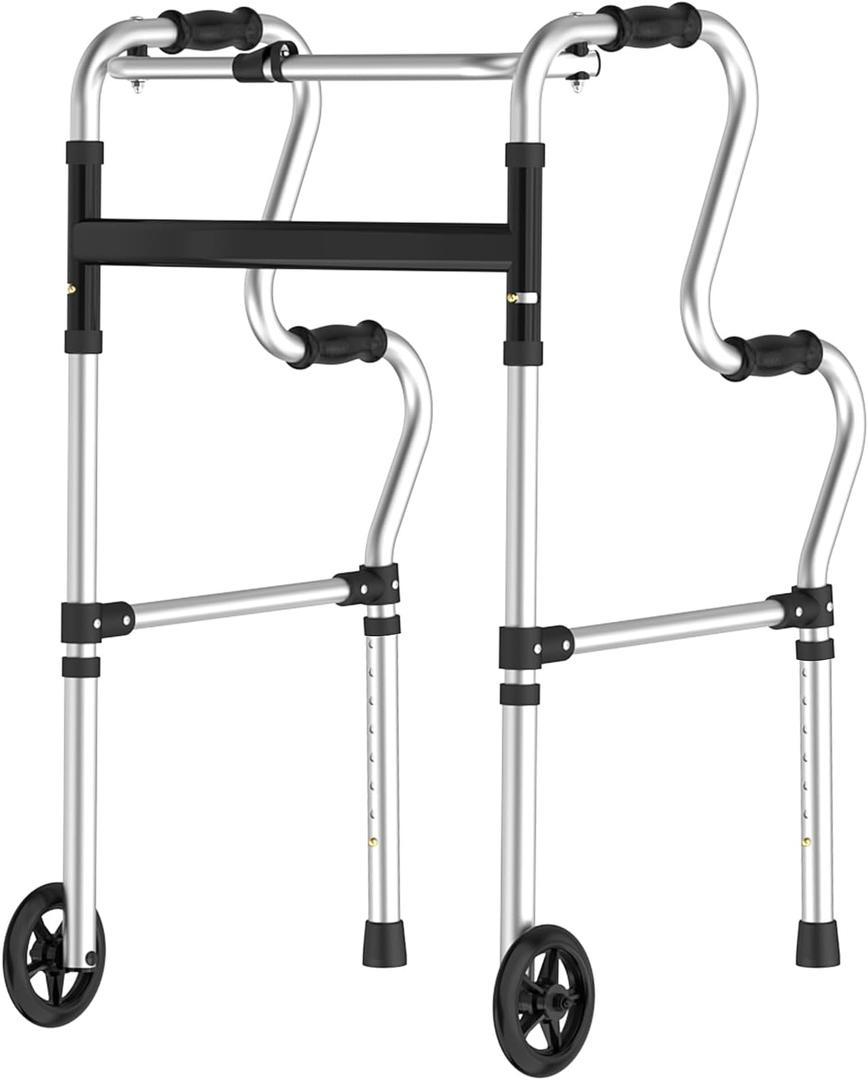 Walkers for Seniors, Folding Walker, Narrow Walkers for Small Spaces, Standard Walker Height Adjustable, Front Wheeled Rolling Walker, Upright Mobility Aid for Seniors and Handicap, Up to 300 Pounds