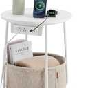 VASAGLE Side Table with Charging Station, Round End Table with Fabric Basket, Nightstand with Power Outlets, USB Ports, for Living Room, Bedroom, Modern, Matte White and Camel Brown ULET228W01